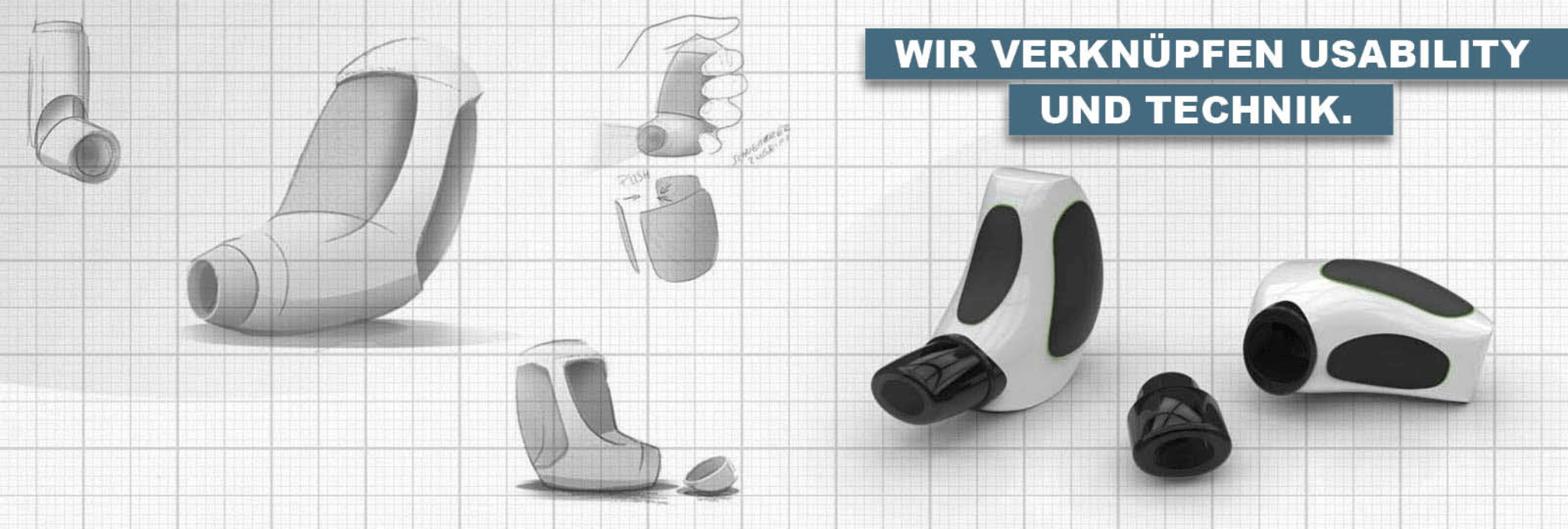 Abbildung einer Produktzeichnung eines Inhalators bis hin zum fertigen Inhalator in 3D-Ansicht